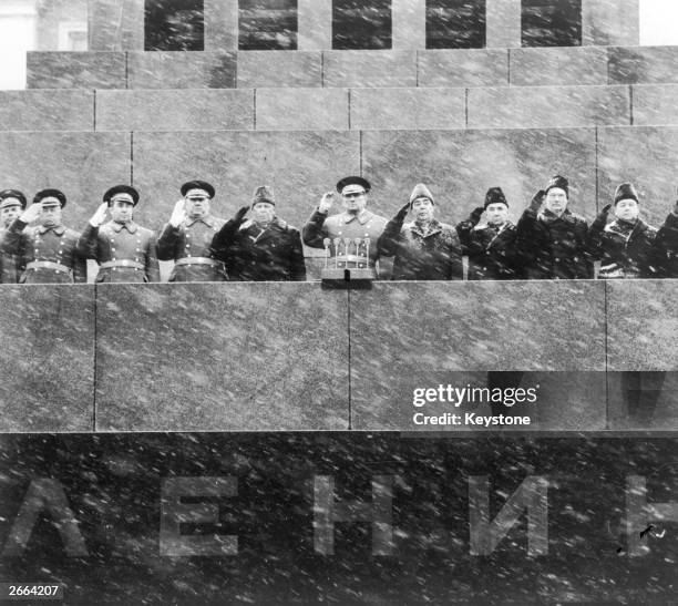 Soviet leader Leonid Brezhnev and fellow Politburo members, left to right, Nikolai V. Podgorny , Brezhnev, Alexei N. Kosygin , Mikhail A. Suslov ,...