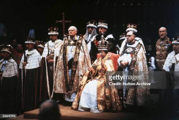 Queen Elizabeth II at her Coronation ceremony in Westminster Abbey, London, 2nd June 1953. (Photo by Hulton Archive/Getty Images