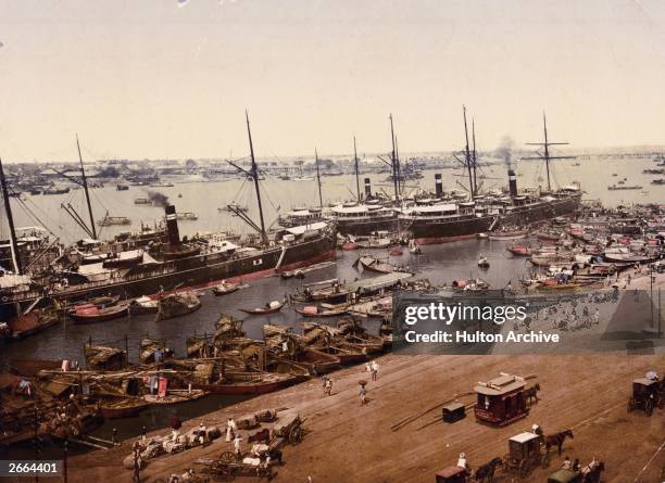 Steamships and fishing craft in the harbour at Calcutta.