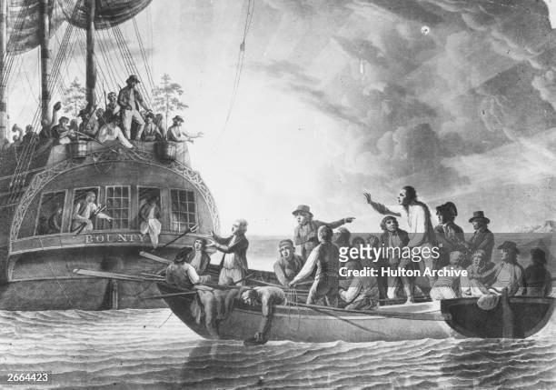 Captain William Bligh being cast adrift in a small boat with some members of the crew of the Bounty, after the mutiny near the Tonga Islands in the...