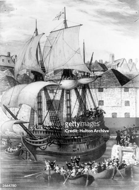 Boatloads of people waving farewell to the Mayflower as she leaves Plymouth for America, 6th September 1620. Original Artwork: After Gustave Alaux.