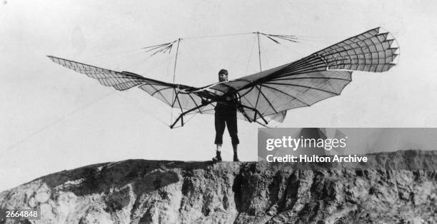 Otto Lilienthal , German inventor and aeronautical engineer preparing a launch from a hill in Lichterfelde, Berlin. His first successful flight...