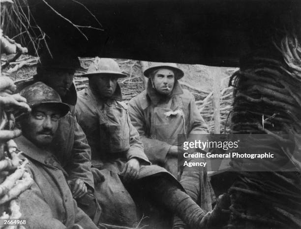 French and British troops in a trench on the Western Front during World War I.