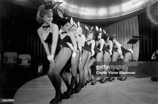 Line of Playboy-style 'bunny girls', including Maureen Hayden and Marianne Hunt, at Paul Raymond's Bal Tabarin nightclub in Hanover Square, London,...