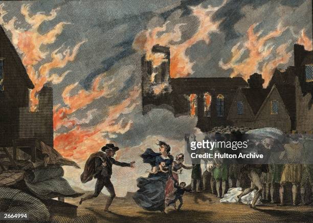 Fleeing the Great Fire of London, 1666. Original Artwork: Illustration - pub. 1815