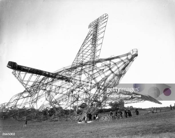 The tail of the wrecked R101 airship at Beauvais, France. The airship struck a ridge, exploded, and killed 48 passengers.