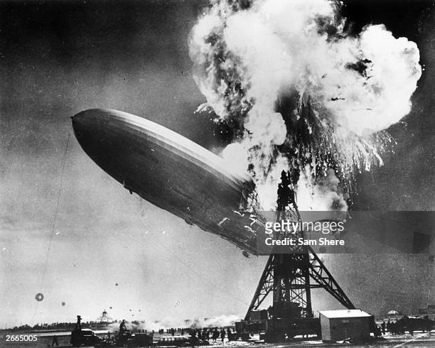 The Hindenburg disaster at Lakehurst, New Jersey, which marked the end of the era of passenger-carrying airships.