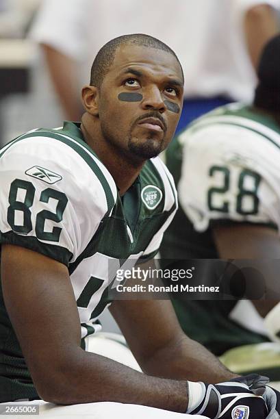 Kevin Swayne the New York Jets looks on from the sideline during a game against of the Houston Texans at Reliant Stadium on October 19, 2003 in...