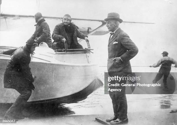 Norwegian explorer Roald Amundsen in front of his Dornier-Wal seaplane prior to his failed attempt to reach the North Pole by air.