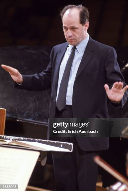 French conductor, composer and pianist Pierre Boulez at a rehearsal. He conducted several prestigious orchestras, but eschewed the use of a baton.