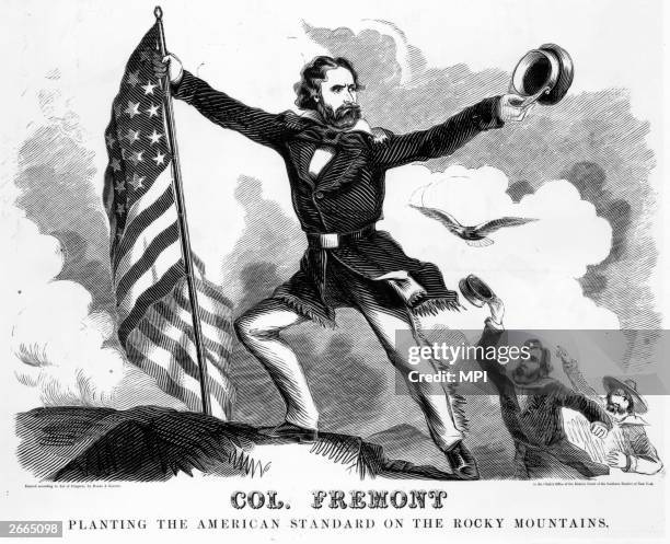 American explorer John C Fremont planting the American flag on the Rocky Mountains. In 1856 Fremont was the first Presidential nominee of the newly...