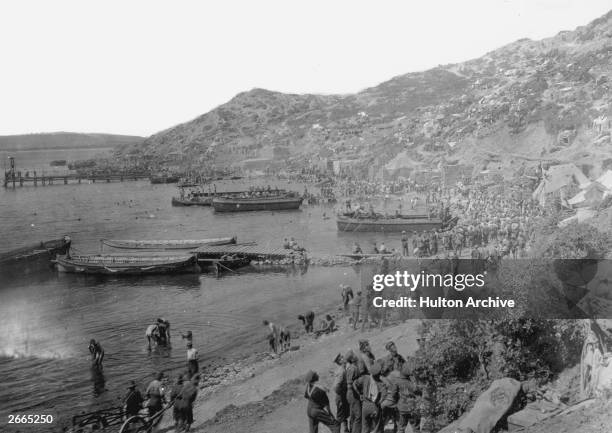 Allied troops at Anzac Cove, Gallipoli Peninsula, during the Gallipoli campaign.