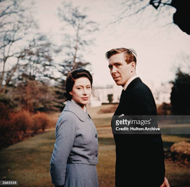 Princess Margaret and Antony Armstrong-Jones in the grounds of Royal Lodge after they announced their engagement.