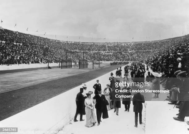 Crowds walking around the the Panathenaic Stadium, during the first modern Olympics, Athens, April 1896.