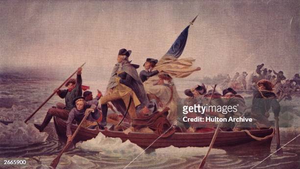 General George Washington stands in the prow of a rowing boat crossing the Delaware to seek safety in Pennysylvania after defeat by the British.