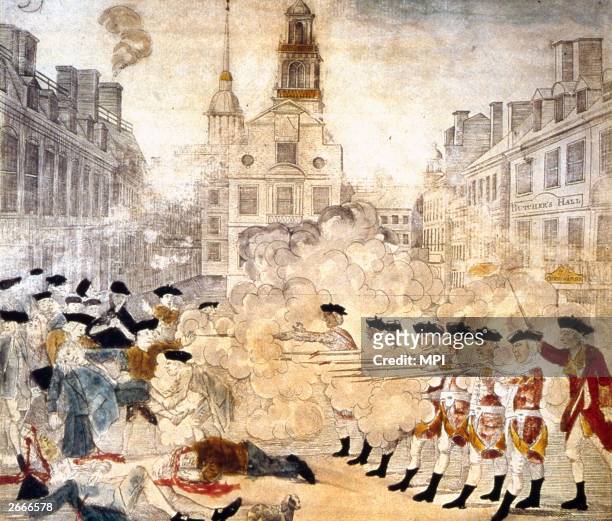 The Boston massacre in which British troops opened fire on a crowd, killing five people and inflaming American opinion. Original Artwork: Picture by...