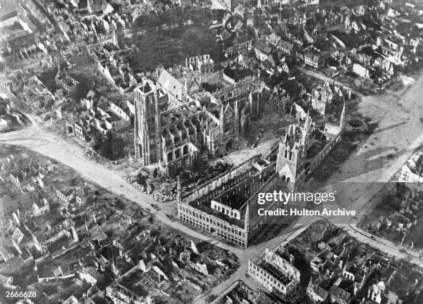 An early aerial photograph of the Belgium town of Ypres, the site of three major battles during World War I, and almost completely devastated by...