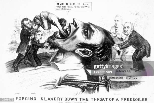 Cartoon showing American politicians Stephen A Douglas , former President Franklin Pierce , President James Buchanan and Lewis Cass forcing slavery...