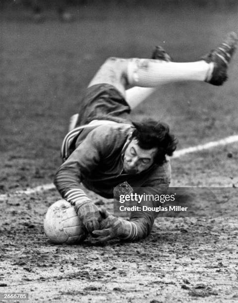 England goolkeeper Gordon Banks makes a spectacular save during a training session at Roehampton, in preparation for an international match against...