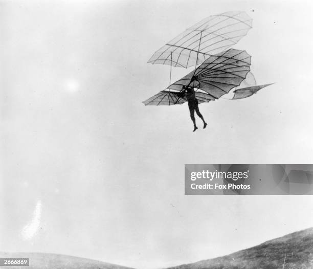 Otto Lilienthal , German inventor and aeronautical engineer flying from a hill in Lichterfelde, Berlin. His first successful flight occurred in 1891....