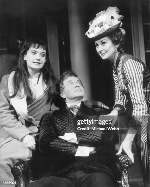 To r; Nicola Pagett as Nora Lambert, Tony Britton as Roger Lawrence and Dinah Sheridan as Isabel Keith in 'A Boston Story, at the Duchess Theatre. A...