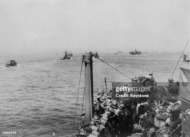 Ships carrying members of the BEF leaving Dunkirk during the evacuation of British troops.
