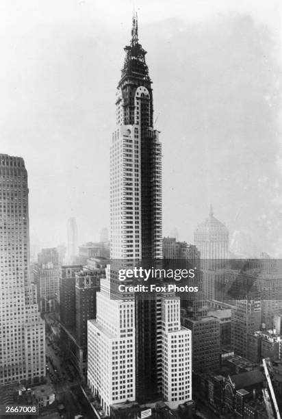 Last stages in the construction of the Chrysler Building, New York, designed by William Van Alen.