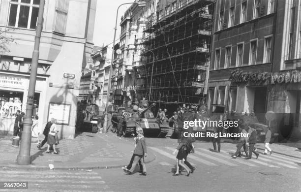 Soviet tanks and soldiers on the streets of Prague after the Soviet invasion following the 'Prague Spring' in which the Czech communists tried to...