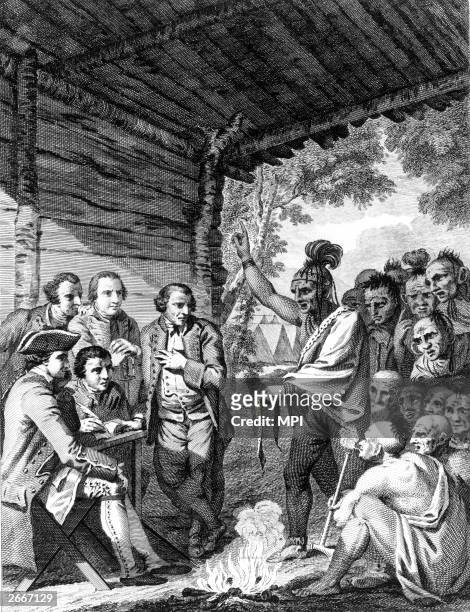 Pontiac , chief of the Ottawa tribe and leader of a federation of Native Americans against the settlers, faces a delegation of British and...