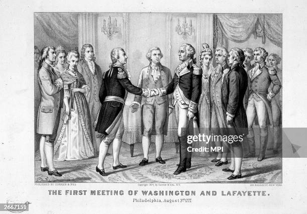 The first meeting of the Marquis de Lafayette and George Washington in Philidelphia. Lafayette later served on Washington's staff.