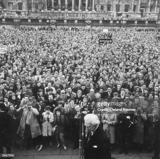British philosopher and Nobel Laureate Bertrand Russell, 3rd Earl Russell addresses a CND rally at Trafalgar Square in London.