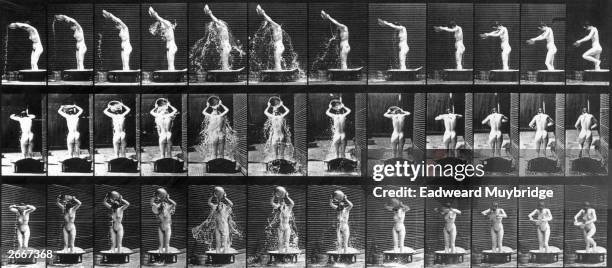 Photographic study of the movements of a naked woman washing herself in a tub using quick succession time lapse photography by Eadweard Muybridge....