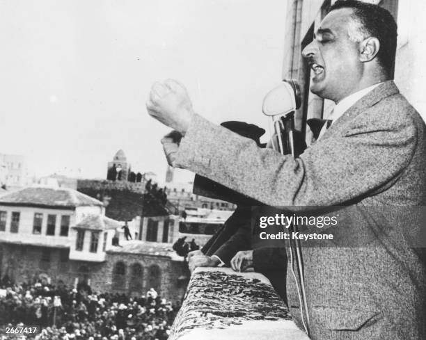 Egyptian President, Gamal Abdul Nasser speaks in Damascus at ceremonies to mark the second anniversary of the merger of Syria and Egypt to form the...
