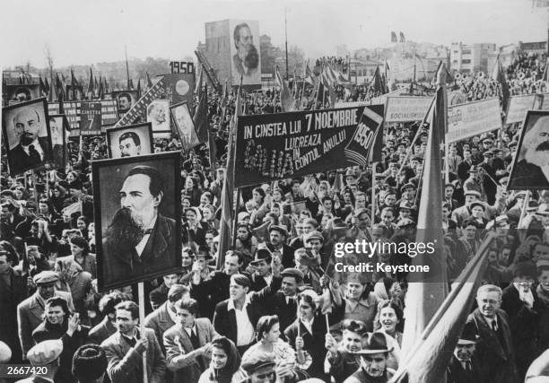 Crowd gathered in Victory Square, Bucharest, to celebrate the 32nd anniversary of the Russian Revolution.