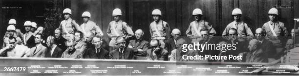 Defendants in court during the Nuremberg Trials, Goering, Doenitz, Hess, Raeder, Ribbentrop, Schirach, Keitel, Sauckel, Kaltenbrunner, Rosenberg,...