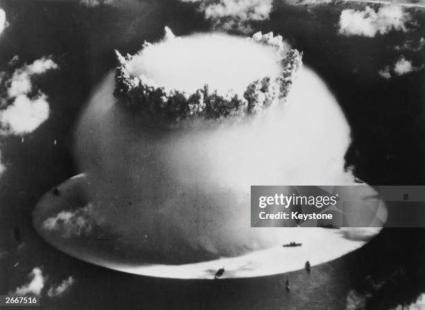 An atom bomb being exploded under water at Bikini Atoll in the Pacific Ocean.