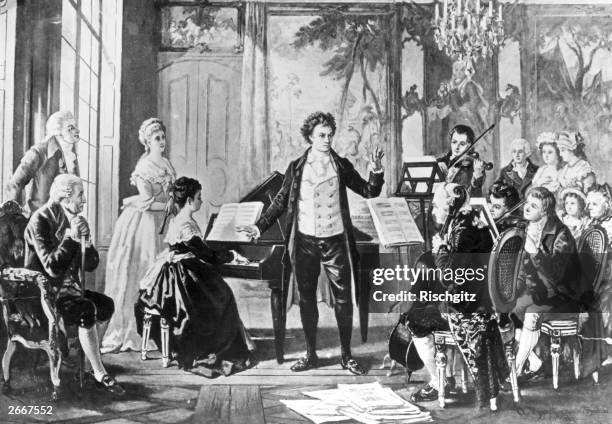 German composer Ludwig van Beethoven conducting one of his three 'Rasumowsky' string quartets, circa 1810. Drawn by the artist Borckmann.