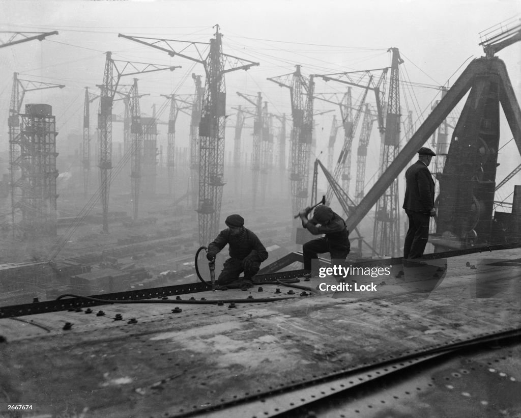 Ships Riveter Riveters at work on the top deck of the new Cunard White Star liner ...