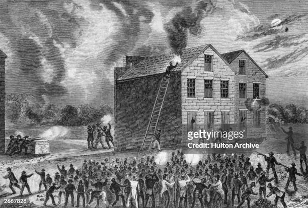 Pro-slavery mob attacking the offices of the Alton Observer, killing the anti-slavery editor and proprietor, Elijah Lovejoy.