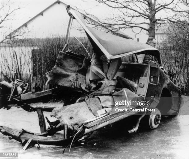 The wreck of the Facel-Vega in which French writer Albert Camus was killed at Villeblevin, France.