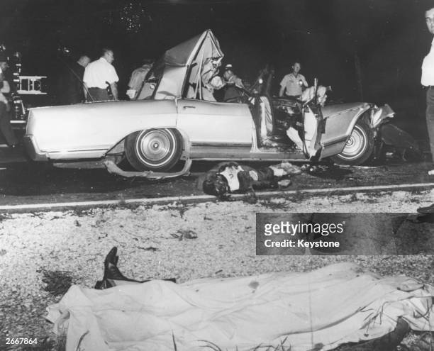American actress Jayne Mansfield's wrecked car after the fatal accident in which she and two others died on June 29, 1967 while driving a road near...