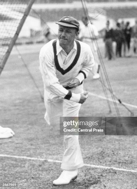 Australian cricketer Don Bradman in action bowling. Sir Donald Bradman was the first cricketer to be knighted in 1949 for his services to cricket.