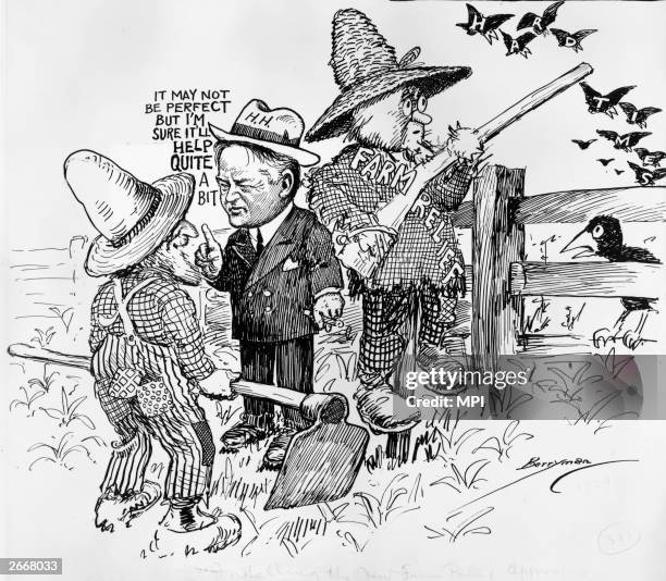 President Herbert Hoover explaining his 'farm relief programme' to a farmer. The relief programme is shown as a straw scarecrow scaring off hard...