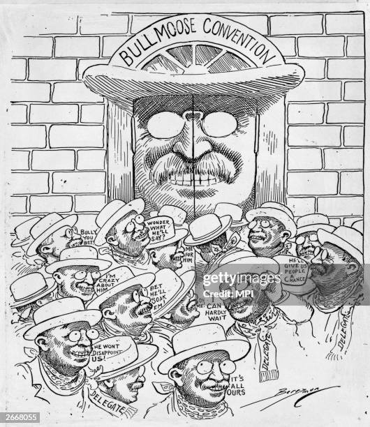 Cartoon depicting delegates at the convention of Theodore Roosevelt's Progressive or Bull Moose Party. Original Artwork:Cartoon by Clifford K...