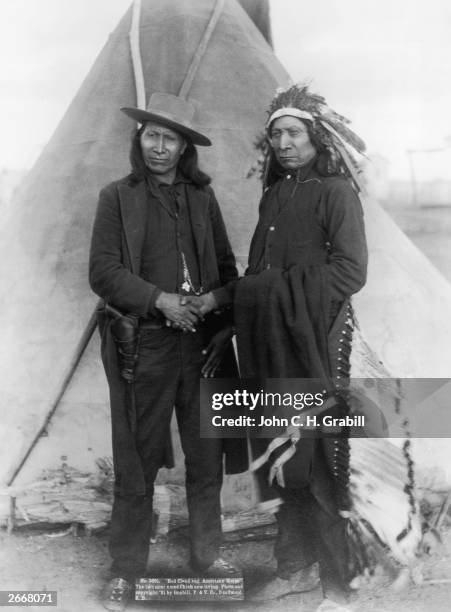Oglala Sioux chiefs Red Cloud and American Horse in Deadwood, South Dakota. Red Cloud opposed the US army's proposition to build a fort and roads...
