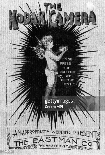 Cherub advertises the new Kodak camera, perfected by George Eastman in 1888 and intended for use by the general public.