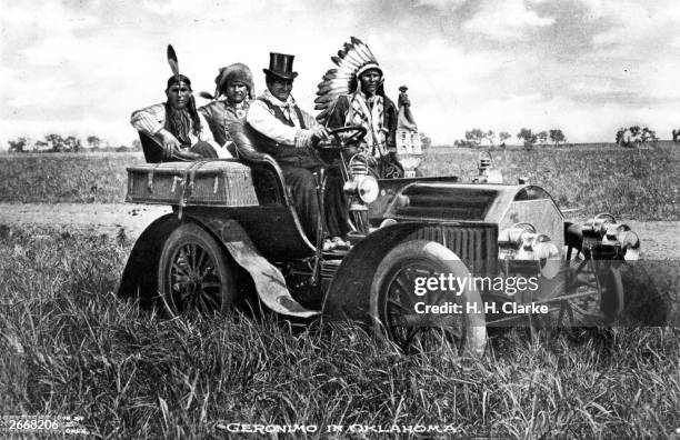 Top-hatted Chiricahua Apache chief Geronimo , who once terrorised the settlers of Arizona and northern Mexico, driving a motor car in Oklahoma where...