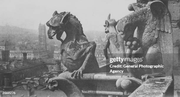 Gargoyles on the cathedral of Notre Dame on the Ile de la Cite in central Paris.