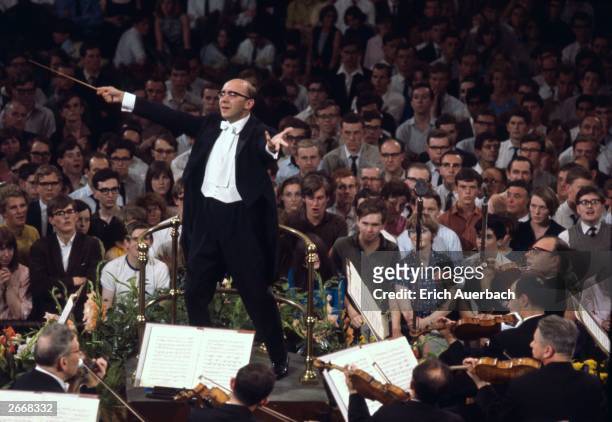 Soviet conductor Gennady Rozhdestvensky conducting the Tchaikovsky Symphony Orchestra of Moscow Radio at the London Promenade Concerts, or Proms, at...
