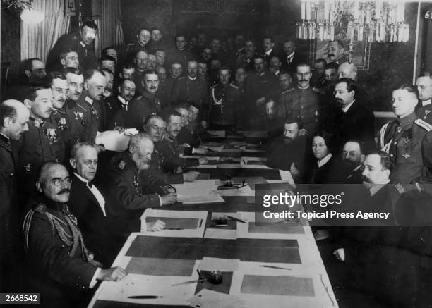 Prince Leopold of Bavaria, Commander of the troops on the Eastern Frontier signing an armistice with the Russians at Brest-Litovsk in WW I. The...